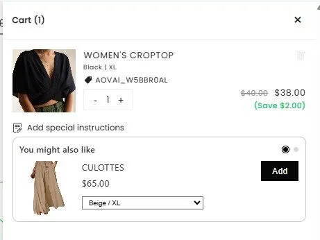 In-cart upsell example on Shopify cart drawer showing recommended product with “Add” button.