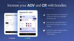 Shopify product bundle options with before-and-after layout to show increased AOV and conversion through tiered pricing.