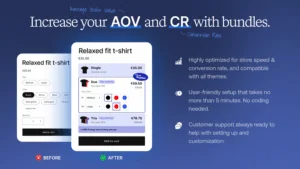 Shopify product bundle options with before-and-after layout to show increased AOV and conversion through tiered pricing.