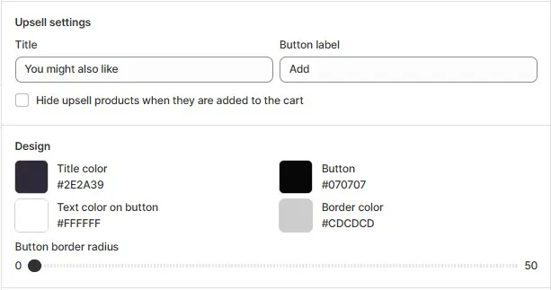 Design customization options for Shopify in-cart upsell, including title, button colors, and border radius.