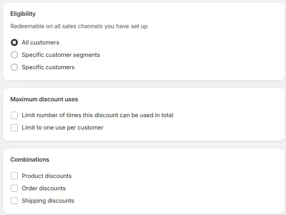 Shopify discount configuration with eligibility and usage limits