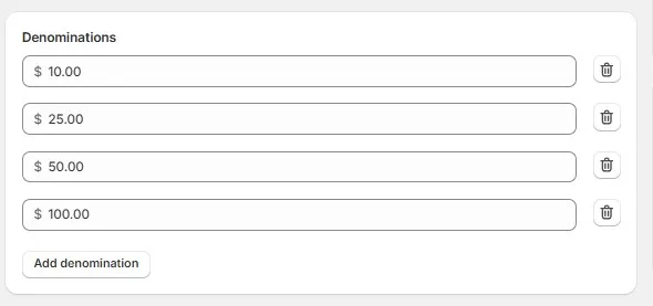 set shopify gift card denominations