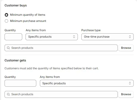 Shopify Buy X Get Y setup screen for buy one get one free promotion