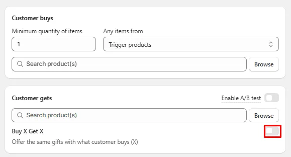 AOV app Buy X Get X setup showing trigger products and matching free gift