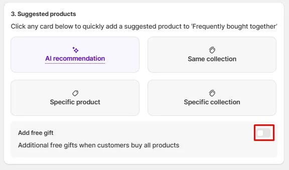Suggested upsell product options in AOV Volume Discount Bundles app: AI recommendations, specific collections, or adding free gifts.