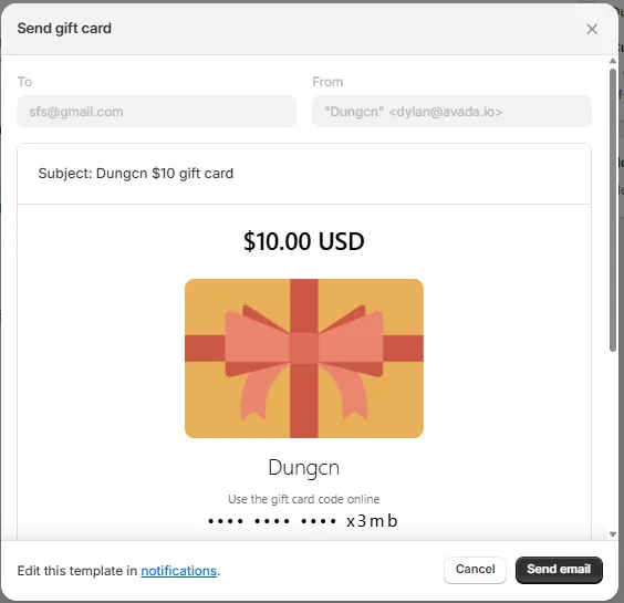 shopify gift card email