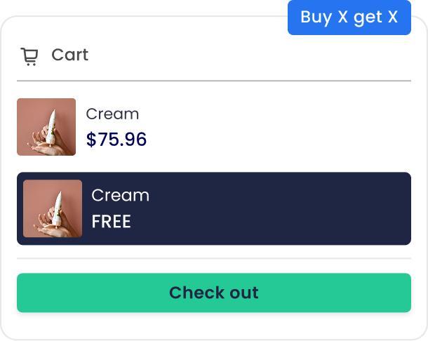 Cart showing cream $75.96 with free mini size cream offer and checkout