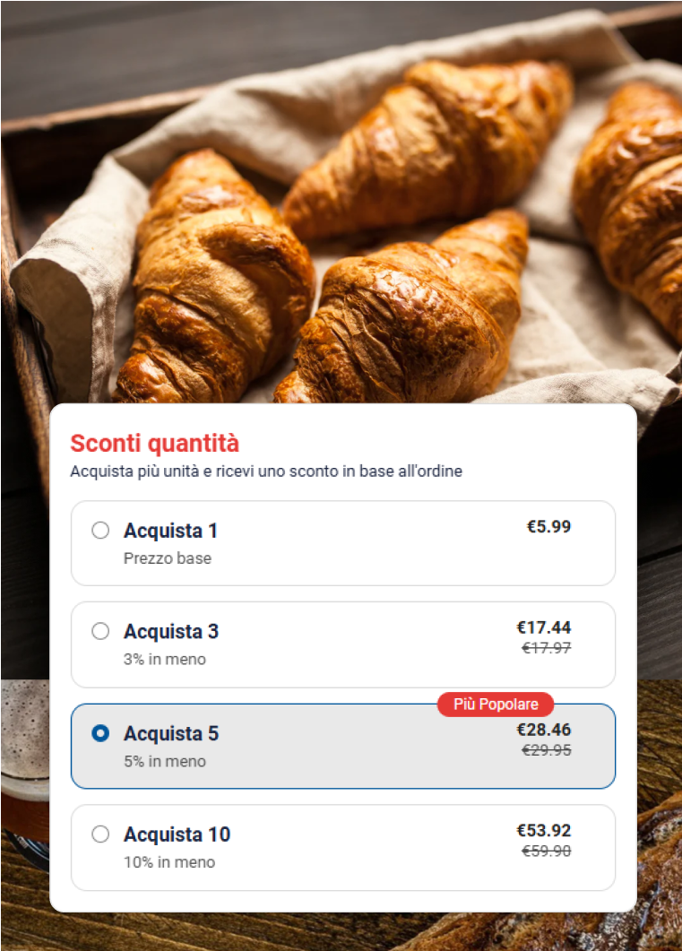 Quantity discount options showing prices for 1, 3, 5, and 10 croissants