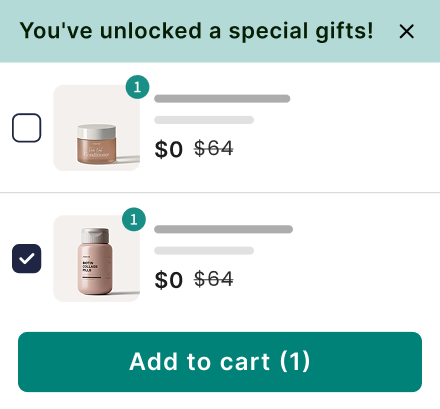 Popup showing unlocked free gifts worth $64 with add to cart option