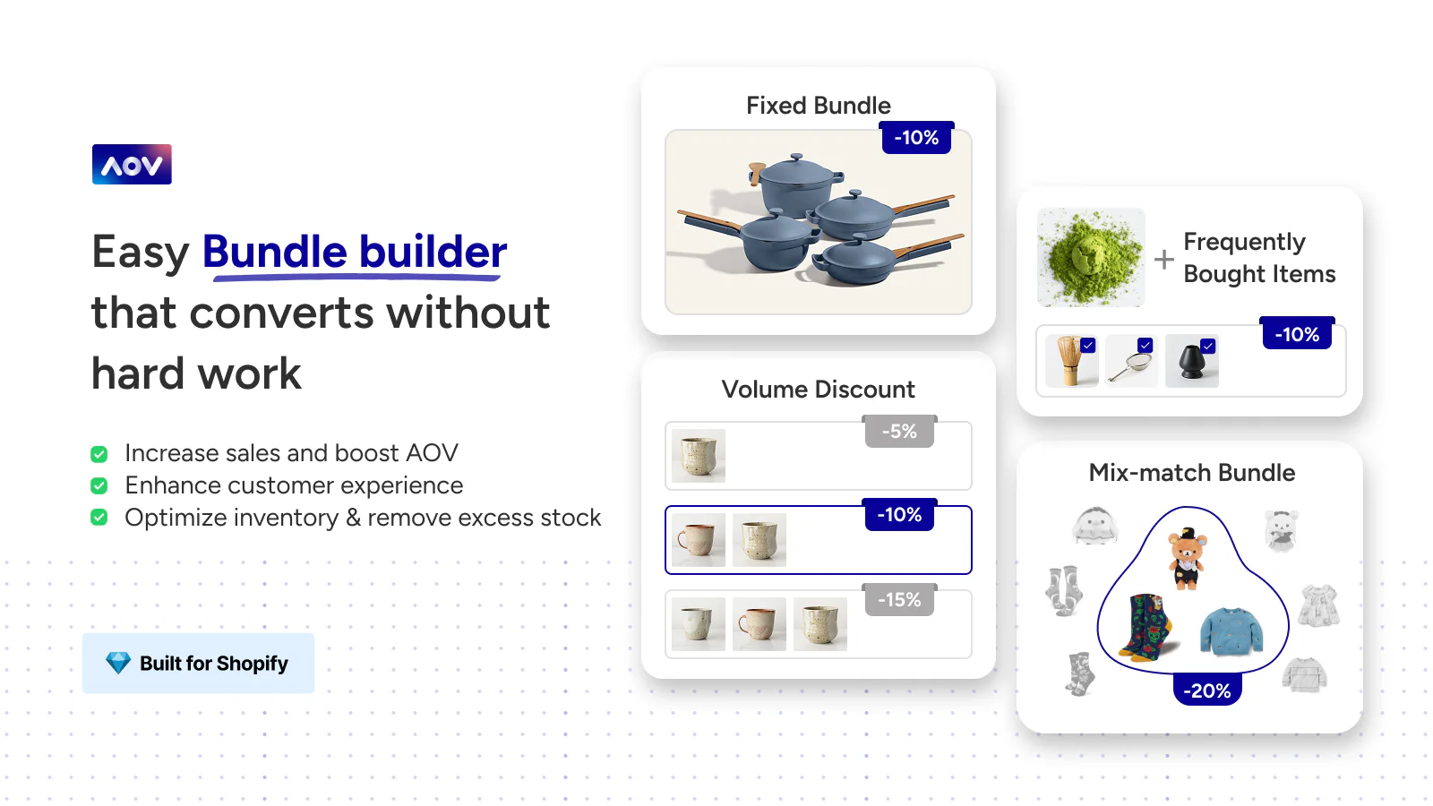 Visual overview of AOV’s Shopify bundle builder featuring Fixed Bundle, Volume Discount, Frequently Bought Together, and Mix-and-Match Bundle options with tiered discounts.