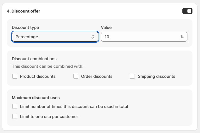 Shopify bundle discount configuration screen showing 10% percentage-based discount for Frequently Bought Together offers using AOV app.