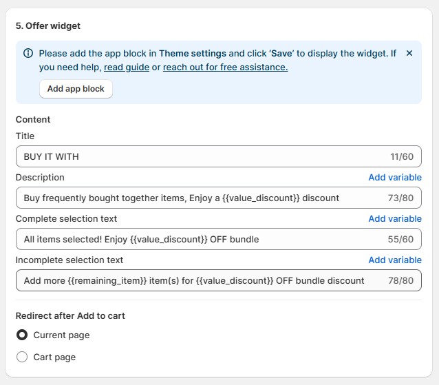 AOV widget setup panel with bundle title, description, and CTA text for displaying on product pages.