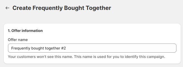 Shopify backend showing “Frequently Bought Together” offer creation using AOV with selected trigger products.