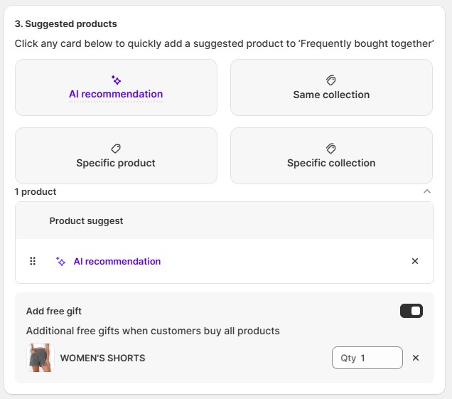 Suggested product interface with AI recommendations and optional free gift settings in AOV app.