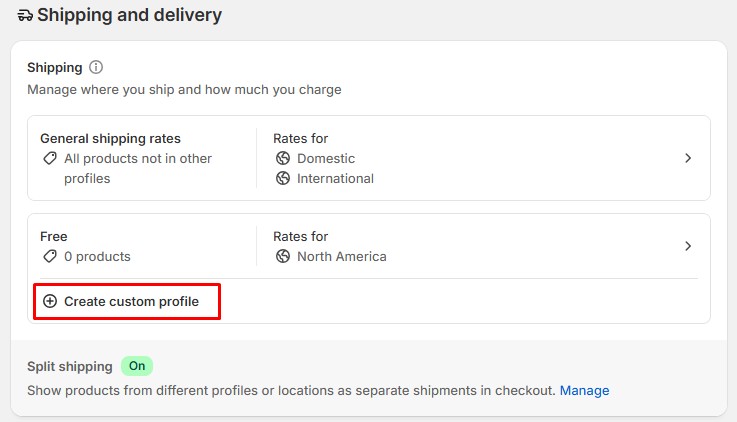 Shipping and delivery settings in Shopify showing the option to create a custom shipping profile.