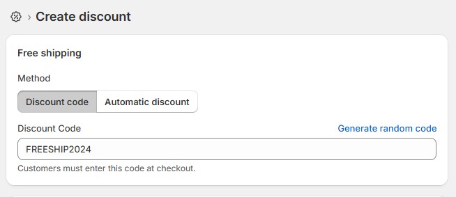 Shopify discount creation page with a free shipping code 'FREESHIP2024' set under the discount code method.