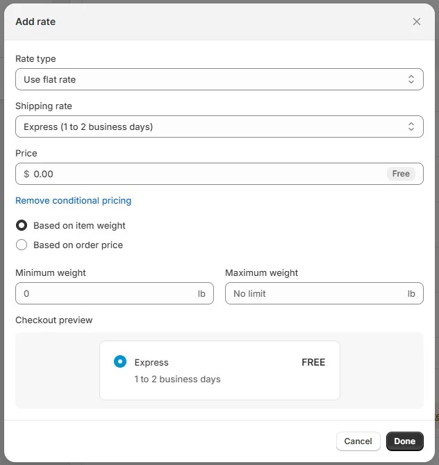 Shopify rate configuration showing a free express shipping option for all orders based on item weight.