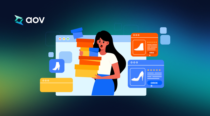 Illustration of a woman overwhelmed with stacked shoeboxes, surrounded by Shopify product pages and order screens, symbolizing product bundling and upsell strategies.