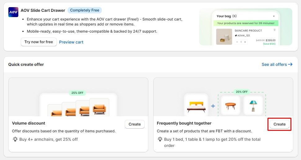 Shopify’s AOV Slide Cart Drawer showing quick setup for volume discounts and Frequently Bought Together bundles.