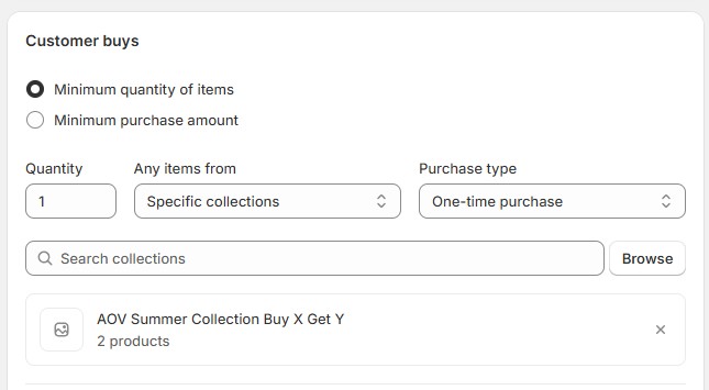 Shopify discount rule setup screen showing customer must buy 1 item from a specific collection to trigger the bundle offer.