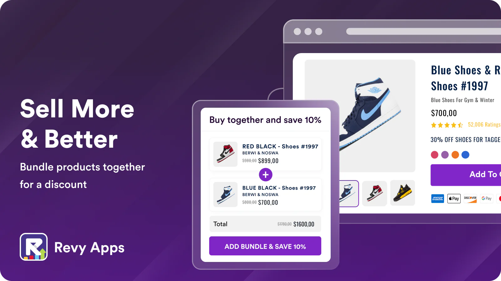 Unlimited Bundles & Discounts app showing a 10% discount applied to product bundles with sneakers.