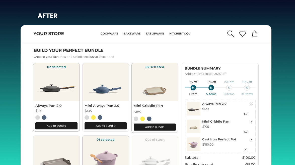 Online store bundle builder showing cookware selection and discount summary