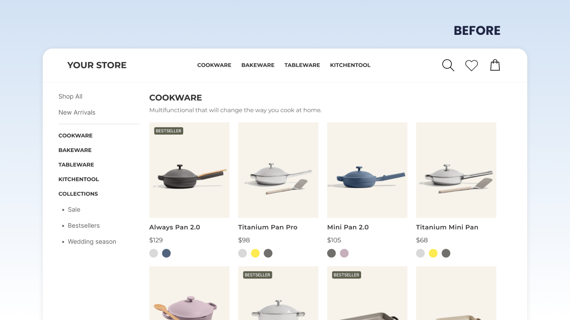 Online store cookware category page showing pans with prices and colors before using AOV.ai app