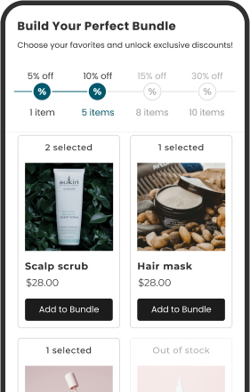 Bundle builder showing scalp scrub and hair mask at $28 each with discounts