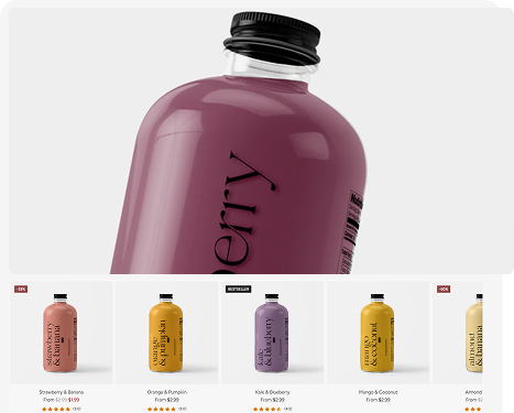 Product page showing fruit drink bottles in multiple flavors and colors