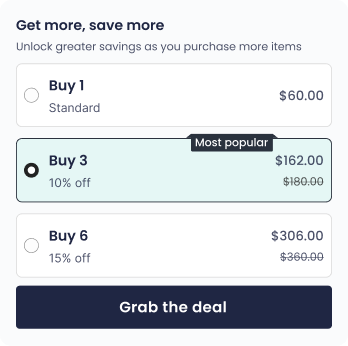 Pricing table showing Buy 1 for $60, Buy 3 for $162, Buy 6 for $306