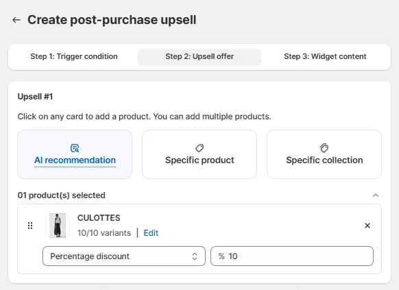 Set up your one-click upsell offer with AI recommendations in the AOV.ai app interface