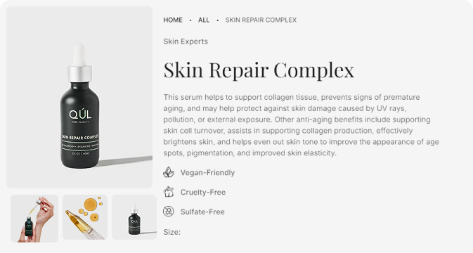 Product page of QUL Skin Repair Complex serum with benefits and features