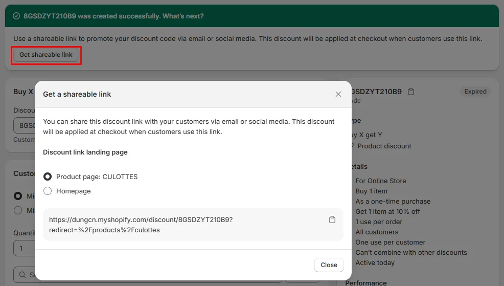 Generate Shareable discount links on Shopify's built-in tool