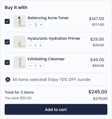 Bundle offer with toner, primer, and cleanser for $245, save $50 total