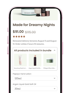 Mobile product page showing $91 bundle deal with skincare items included