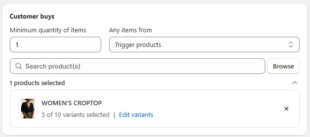 Set the purchase condition in Customer buys on aov-ai