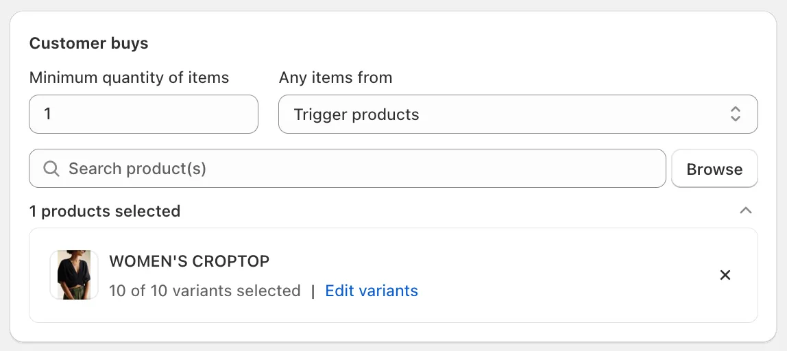 Set the purchase condition in the customer buys on AOV.ai Free Gift with Purchase