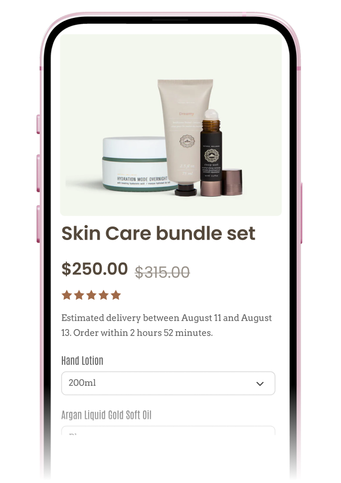 Mobile product page showing Skin Care bundle set priced $250, discounted