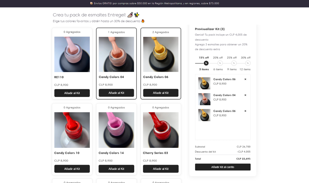 Nail polish bundle builder showing color options and discount preview
