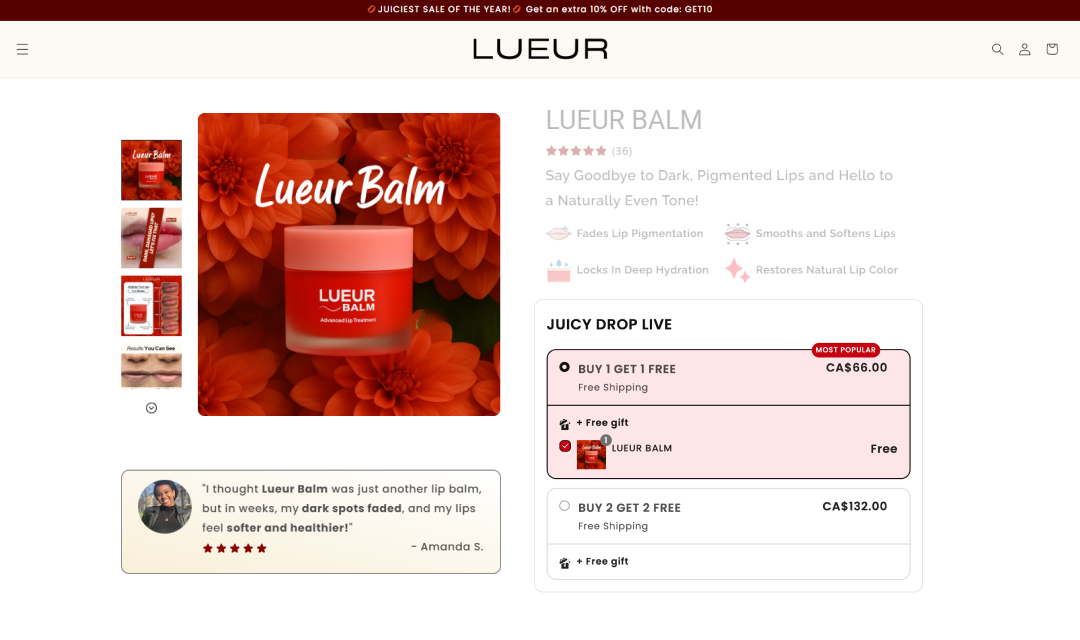 Lueur Balm product page with buy 1 get 1 free offer priced at CA$66