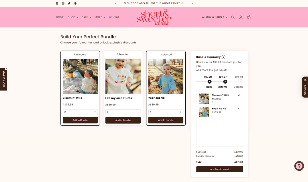 Bundle builder with kids clothing items and discount summary at checkout