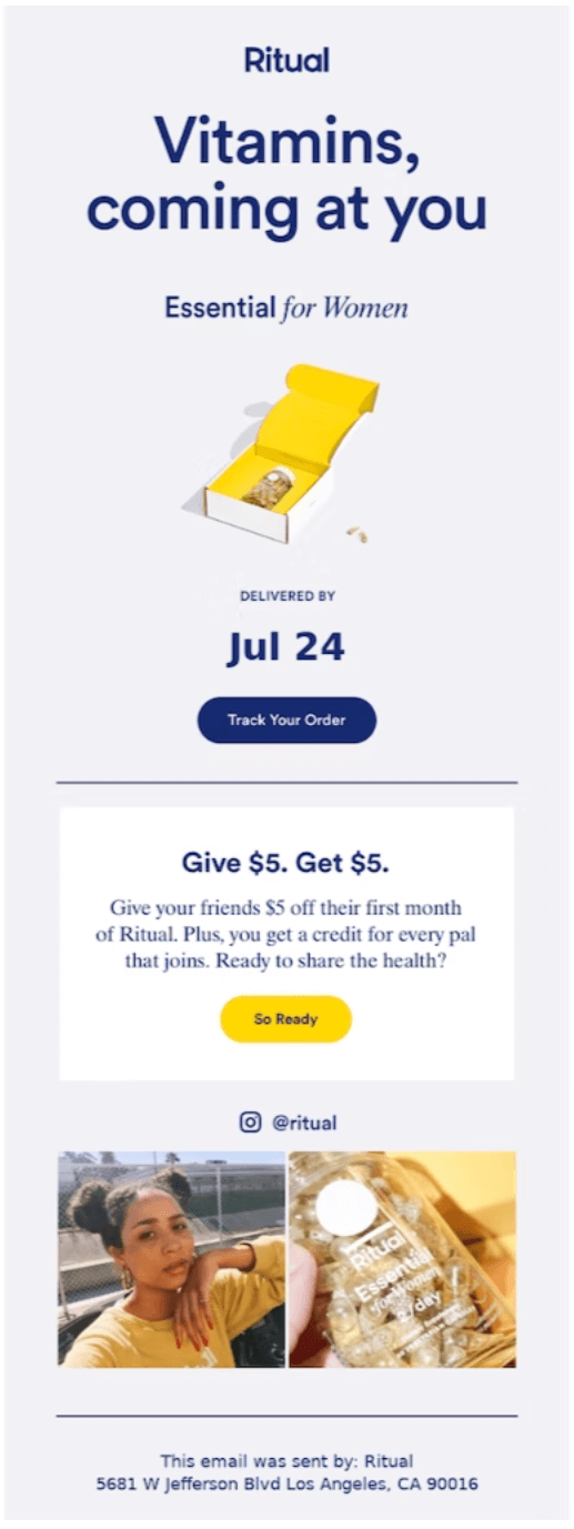 Email design from Ritual promoting its Essential for Women vitamins. The message reads “Vitamins, coming at you” with an image of a yellow and white box containing a vitamin bottle and capsules. Below it, text indicates delivery by July 24 with a blue “Track Your Order” button.