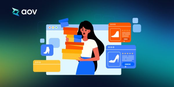 Illustration of a woman overwhelmed with stacked shoeboxes, surrounded by Shopify product pages and order screens, symbolizing product bundling and upsell strategies.